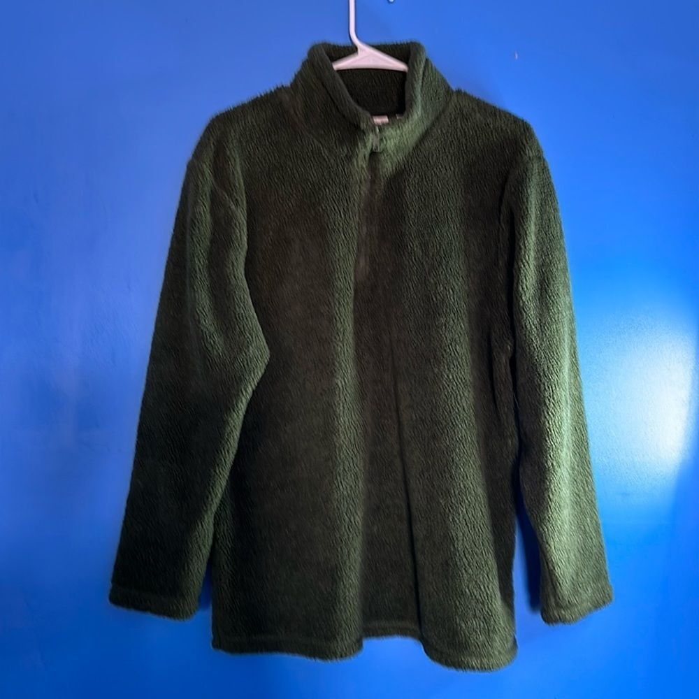 :  Basic Editions Women’s Olive Green Fleece Henley Pullover Top Size Large